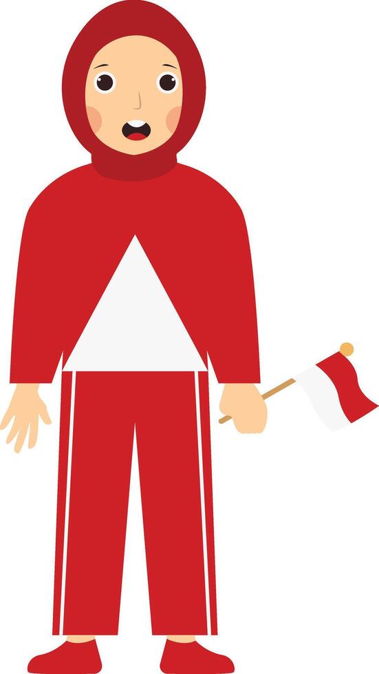 Little Girl Holding Indonesian Flag in Cartoon Design. vector