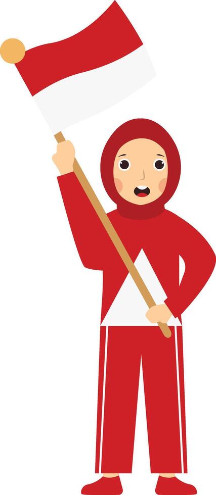 Little Girl Holding Indonesian Flag. Isolated on White Background vector