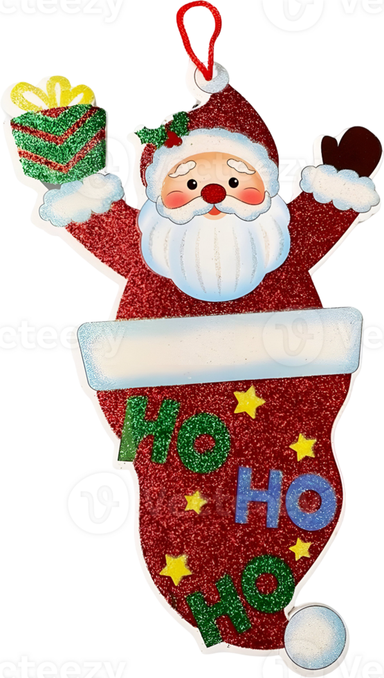 Festive Santa Claus stocking ornament adorned with Ho Ho Ho and star designs, perfect for christmas tree decorations or holiday-themed crafts and seasonal celebrations png