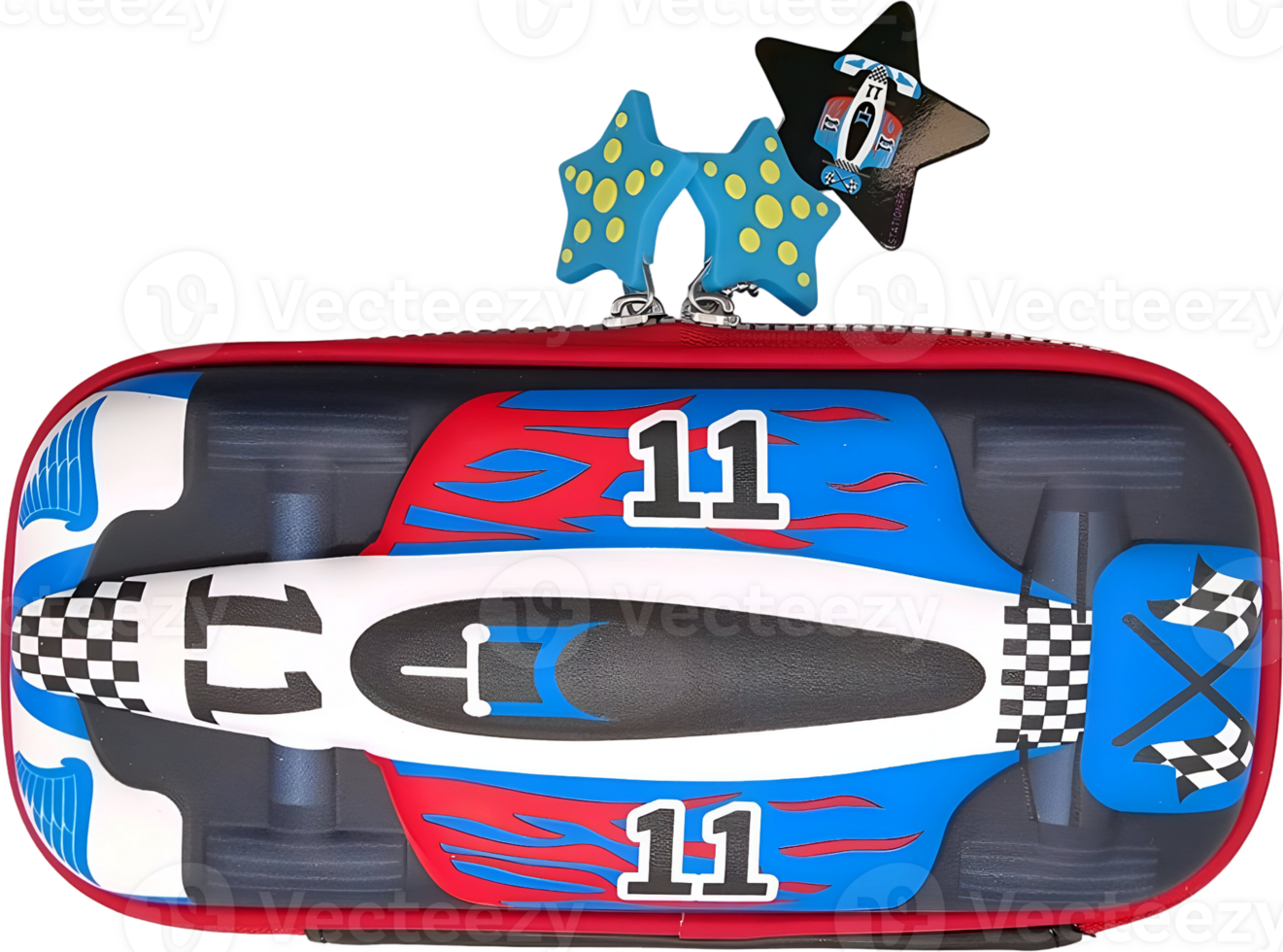 Top-down view of a colorful race car themed pencil case with number 11 design png