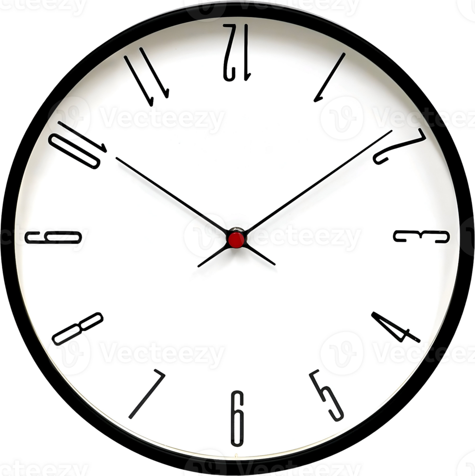 Elegant minimalist wall clock showcasing a sleek black frame contrasting a pristine white dial adorned with uniquely styled numerals symbolizing the passage of time png
