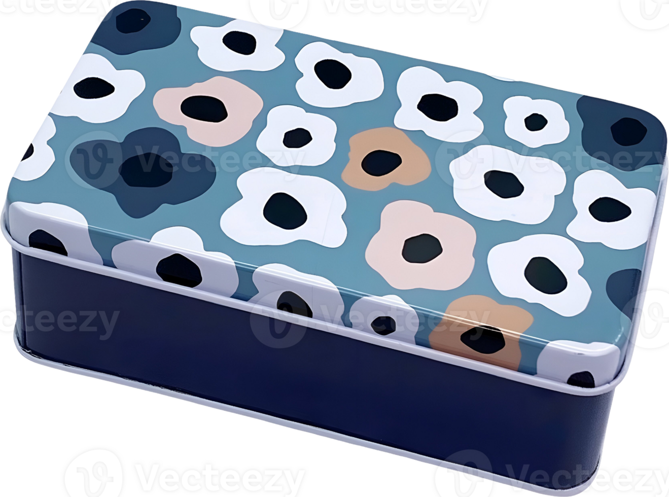 Close-up studio shot showcasing a rectangular blue tin box adorned with a whimsical floral pattern and a sleek metal trim, perfect for storage png