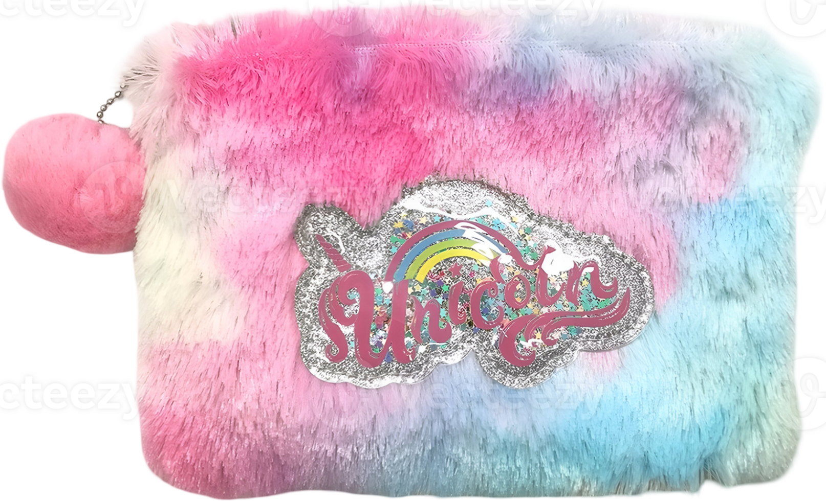 Fuzzy unicorn pouch with colorful design and shimmering embellishments png