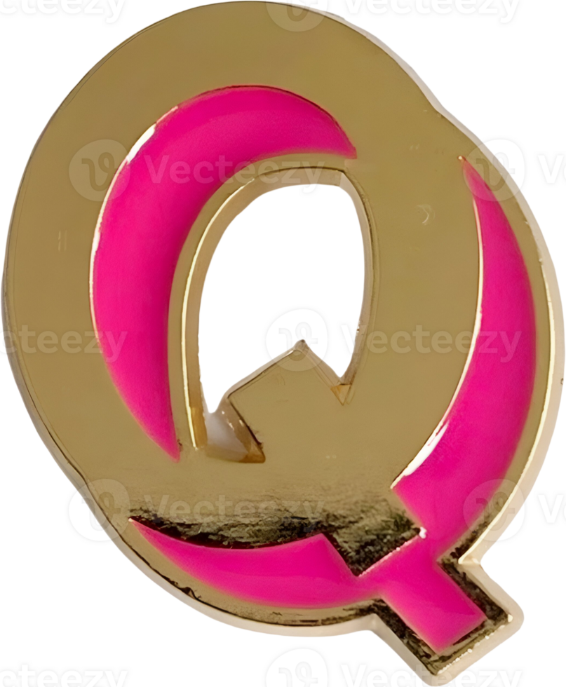 A captivating close-up of a gleaming golden 'Q' with vibrant pink highlights on display png