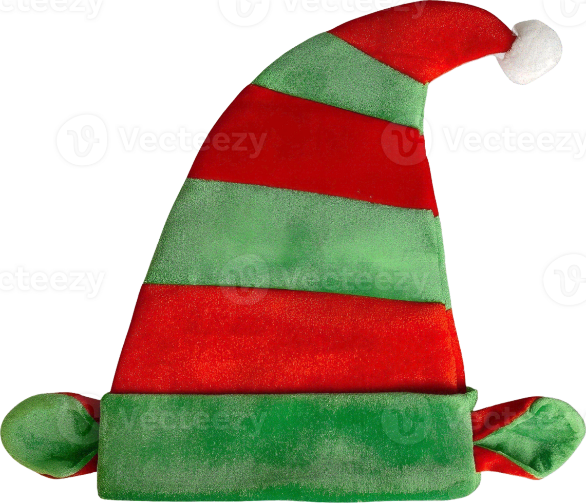 Festive Holiday Cheer. A whimsical elf hat adorned with vibrant red and green stripes, a symbol of joyous Christmas celebrations and playful seasonal attire png