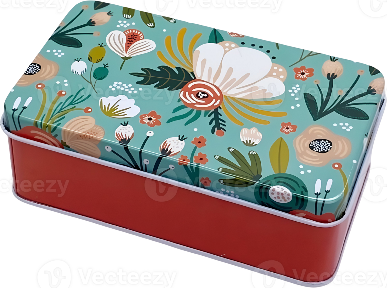 Decorative Floral Tin Box with Red Base and Artistic Lid Illustration png