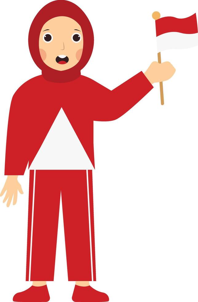 Little Girl Holding Indonesian Flag with Flat Cartoon Design vector