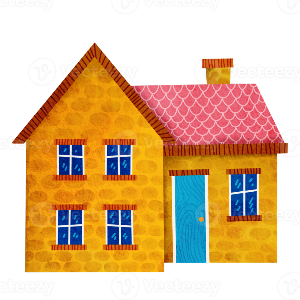 Watercolor yellow family house with pink roof clipart. png