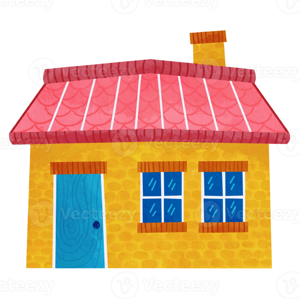 Cute watercolor yellow house with pink roof clipart png