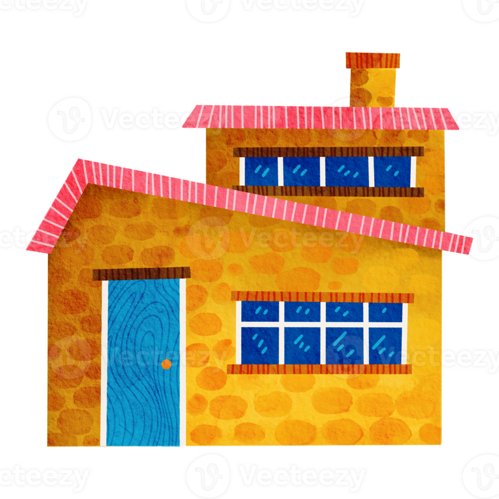Cute watercolor yellow house with pink roof png