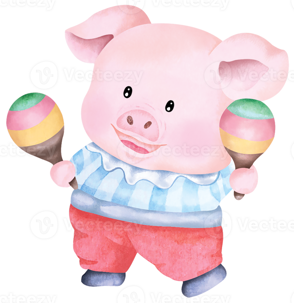 Cartoon pig playing maracas.Cute animal characters playing music.Hand drawn with watercolor.Perfect for a fun party. png