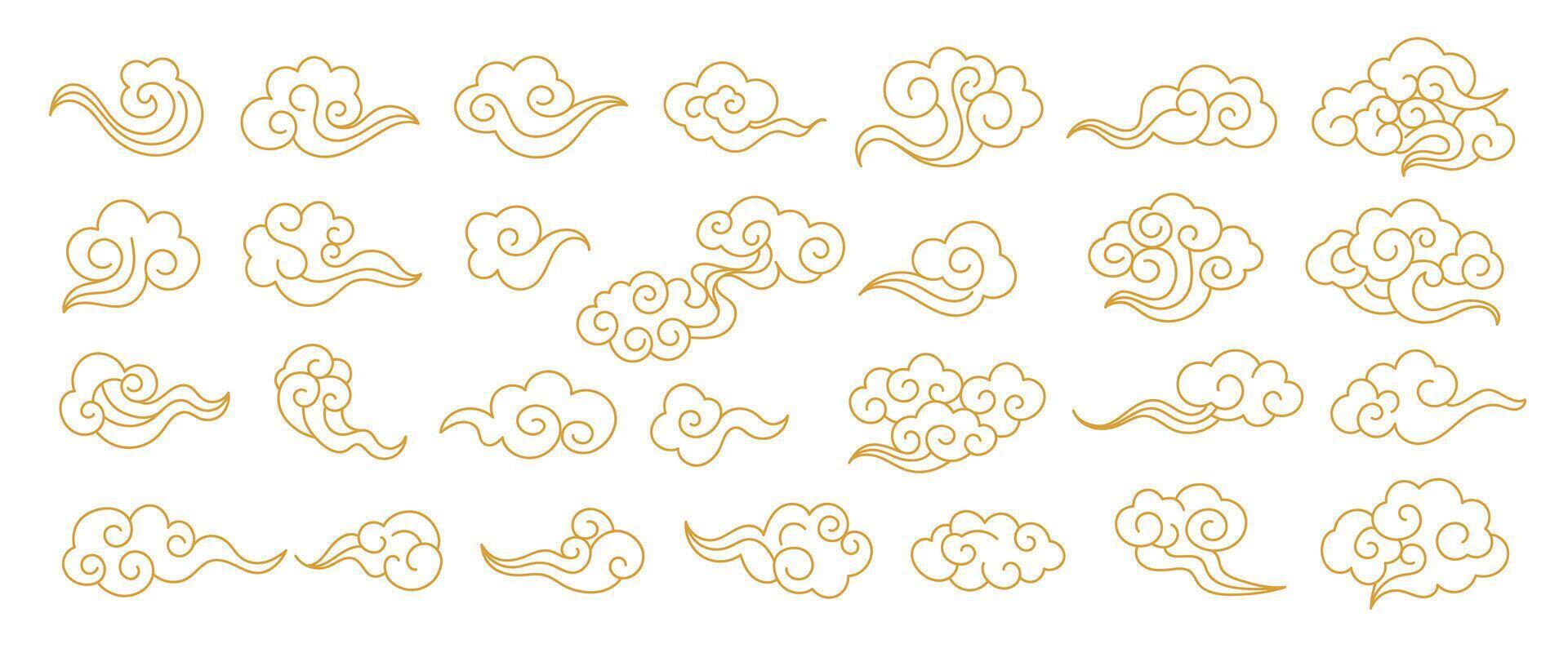 Outline style set of traditional Chinese clouds with swirling decorative elements,isolated on a white background vector