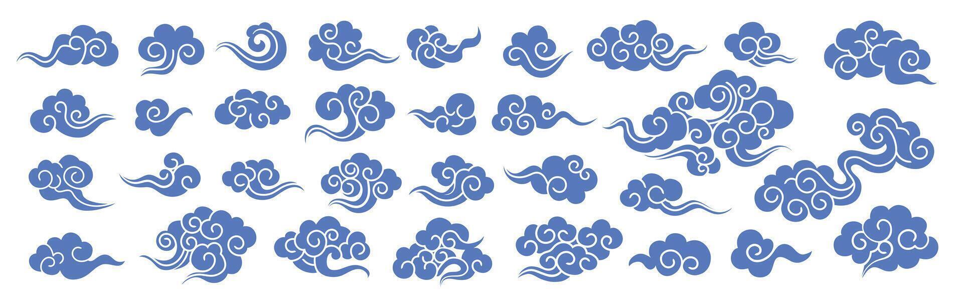 Solid style set of traditional Chinese clouds with swirling decorative forms , Chinese cloud element collection. Elegant clouds and waves in Japanese style. Asian traditional vector