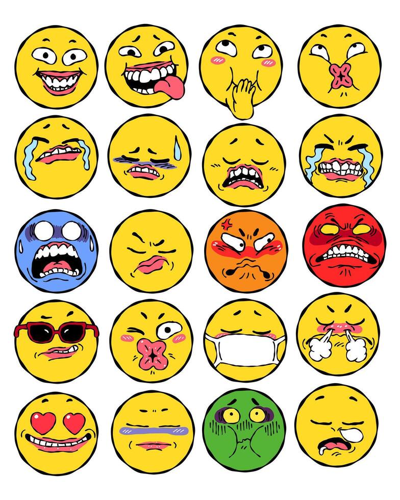 Emoji set of yellow emoticon face whimsical cartoon character illustration vector