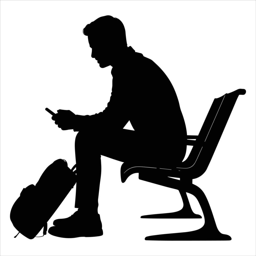 Silhouette of man sitting on bench with luggage vector
