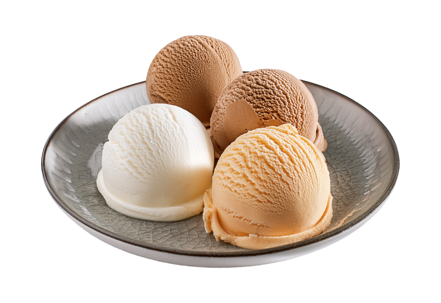 Four Ice Cream Scoops on Elegant Gray Plate png