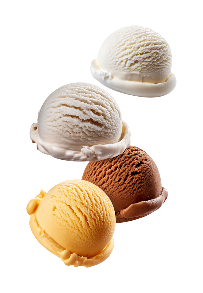 Assorted Floating and Flying Ice Cream Scoops in Four Flavors png