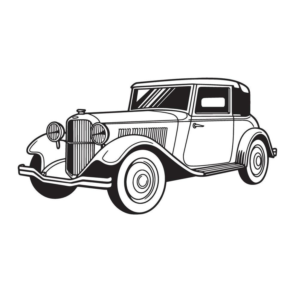 Classic vintage automobile illustration depicting a black and white silhouette of an old automobile design ideal for artistic retro themes vector