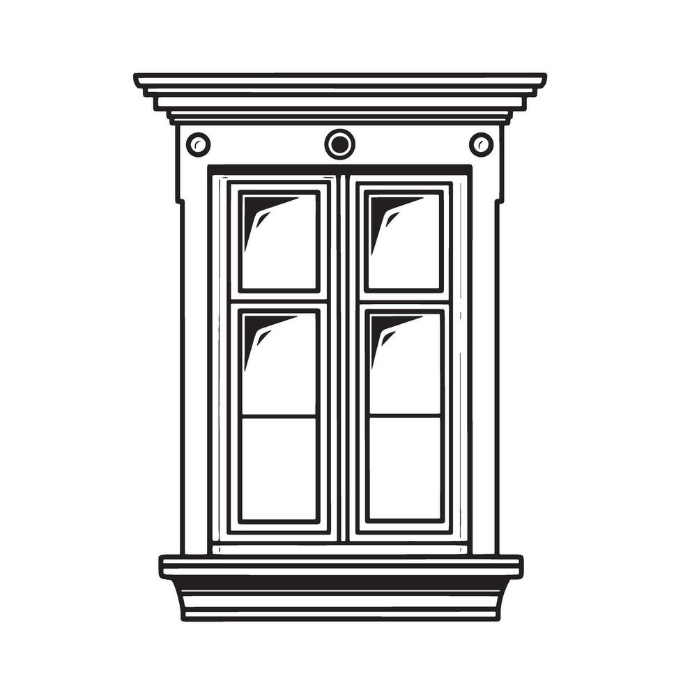 Elegant illustrated black and white silhouette of a detailed classic window architectural design in a graphic style. vector
