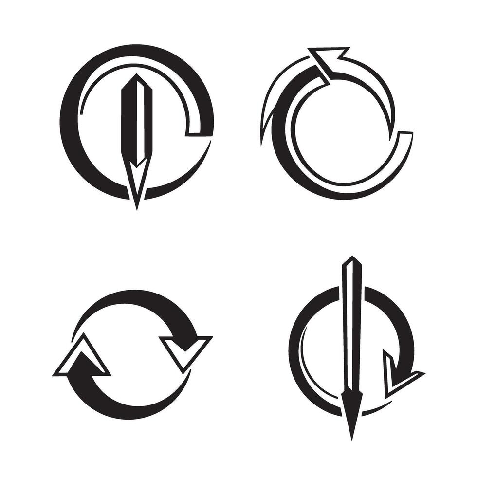 A collection of four abstract black and white silhouette designs showcasing circular arrows and pencil-inspired elements suitable for various concepts. vector
