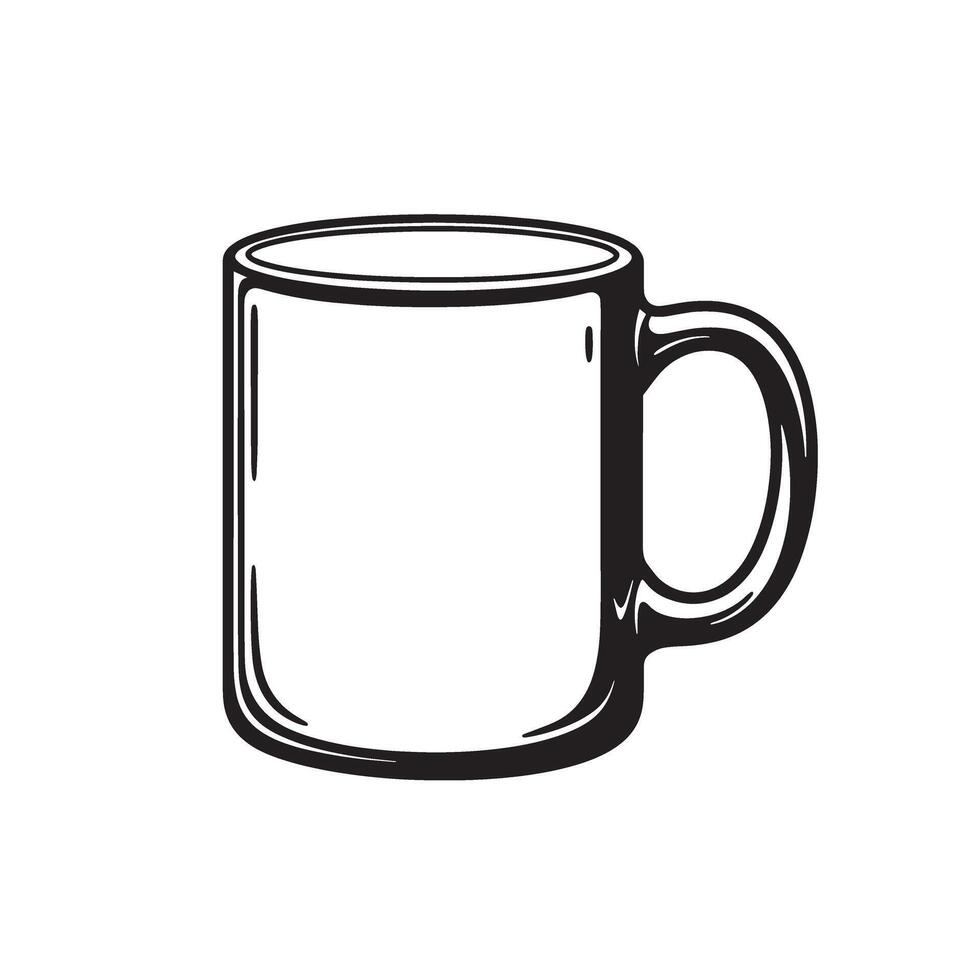 Black and white silhouette illustration of a simple coffee mug perfect for cafe logos and morning drink designs. vector
