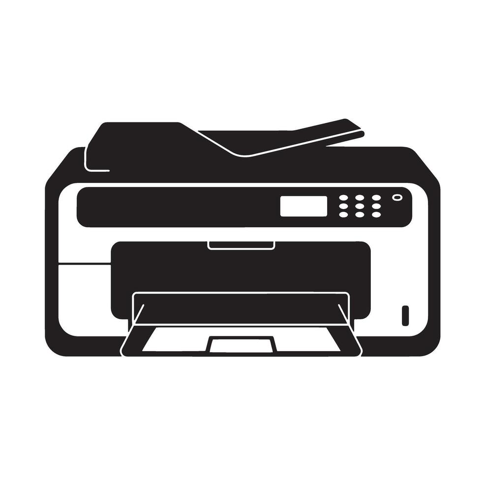 Sleek black and white silhouette illustration of a modern office all in one printer copier scanner and fax machine. vector