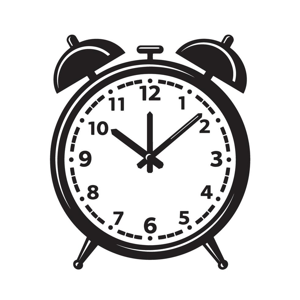 Classic black and white alarm clock silhouette illustration for time management punctuality and wake up concept design elements vector