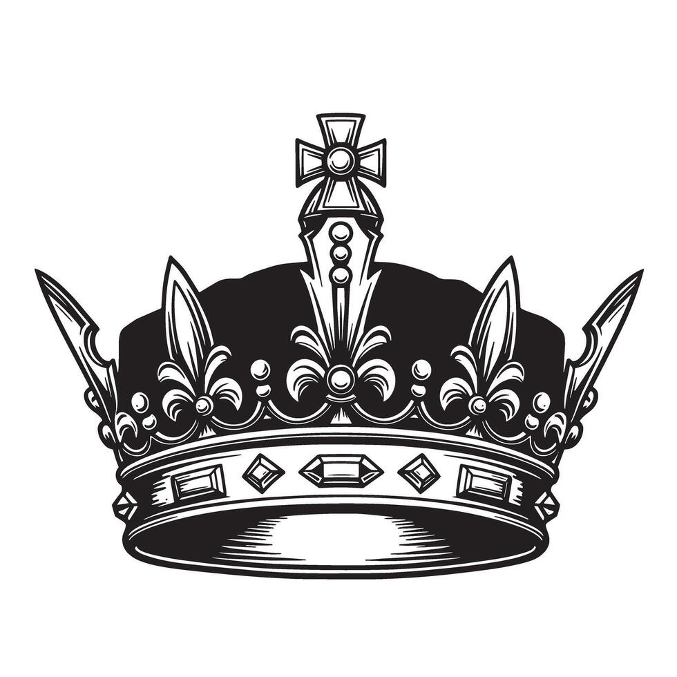 Ornate silhouette of a royal crown depicting royalty power and elegance black and white detailed illustration vector