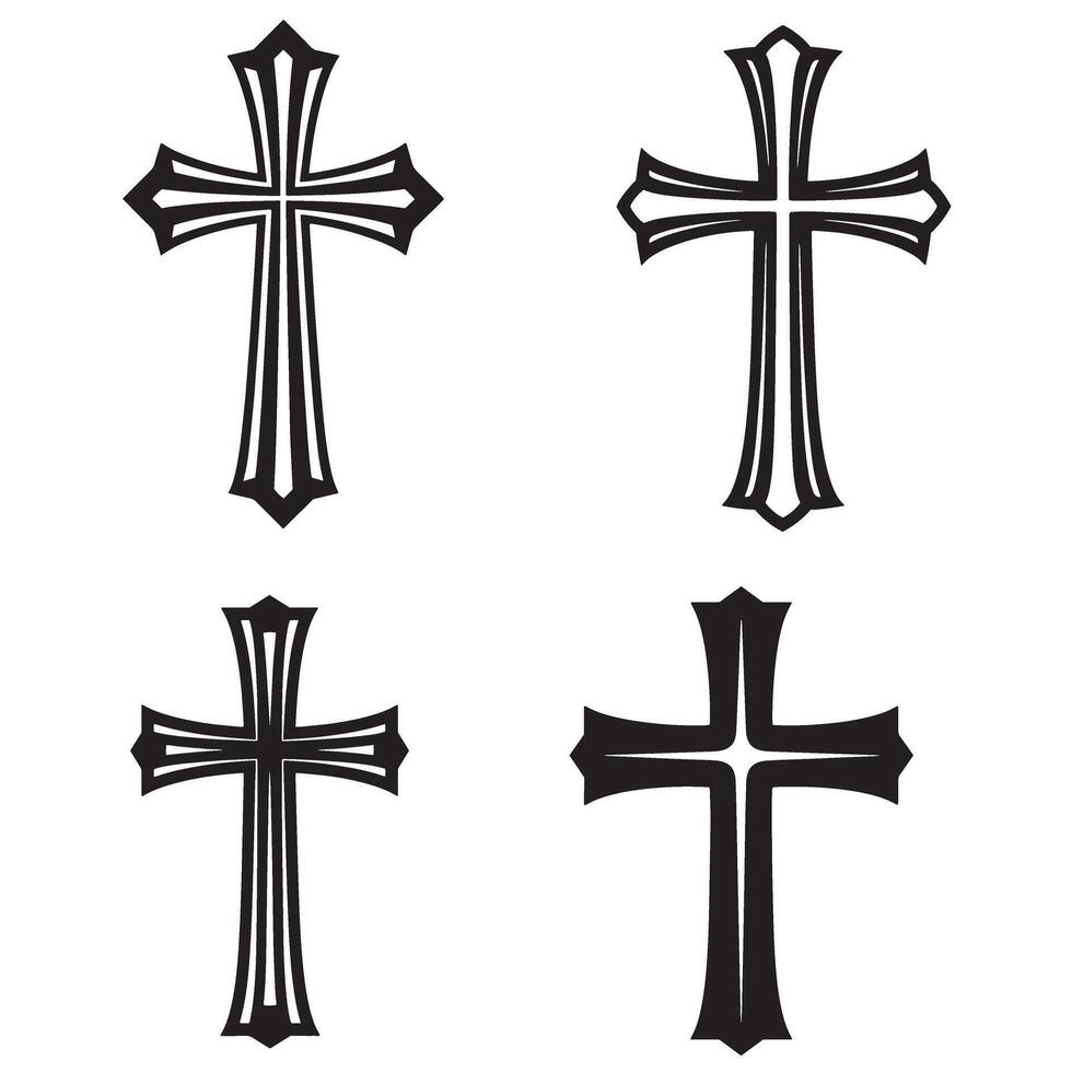 Four black crosses with decorative designs on a white background suitable for religious concepts and spiritual symbolism silhouette style vector