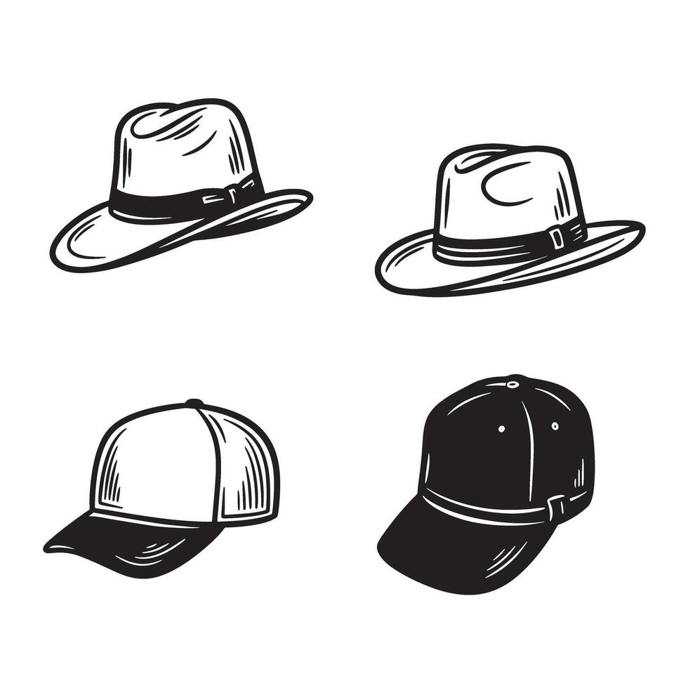 A collection of four different style hats in silhouette design illustrations representing fashion and style vector