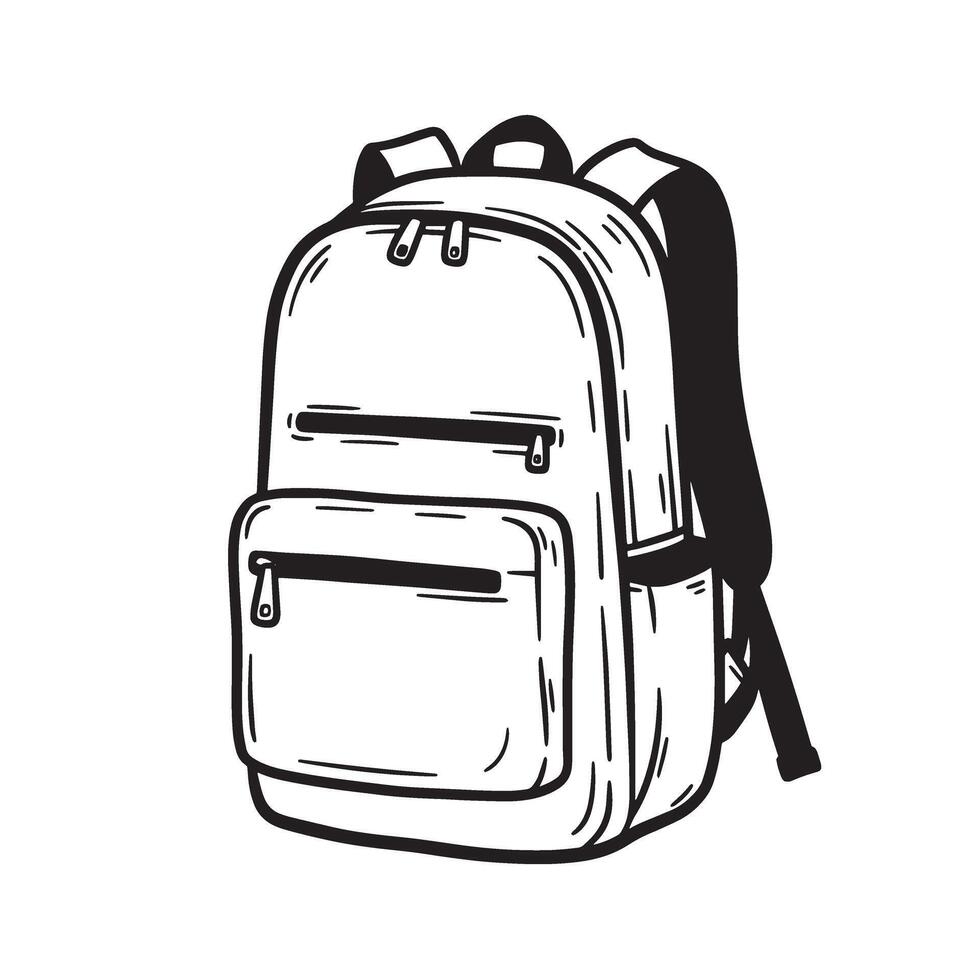 Hand drawn illustration of a minimalist backpack with a silhouette design in black and white vector