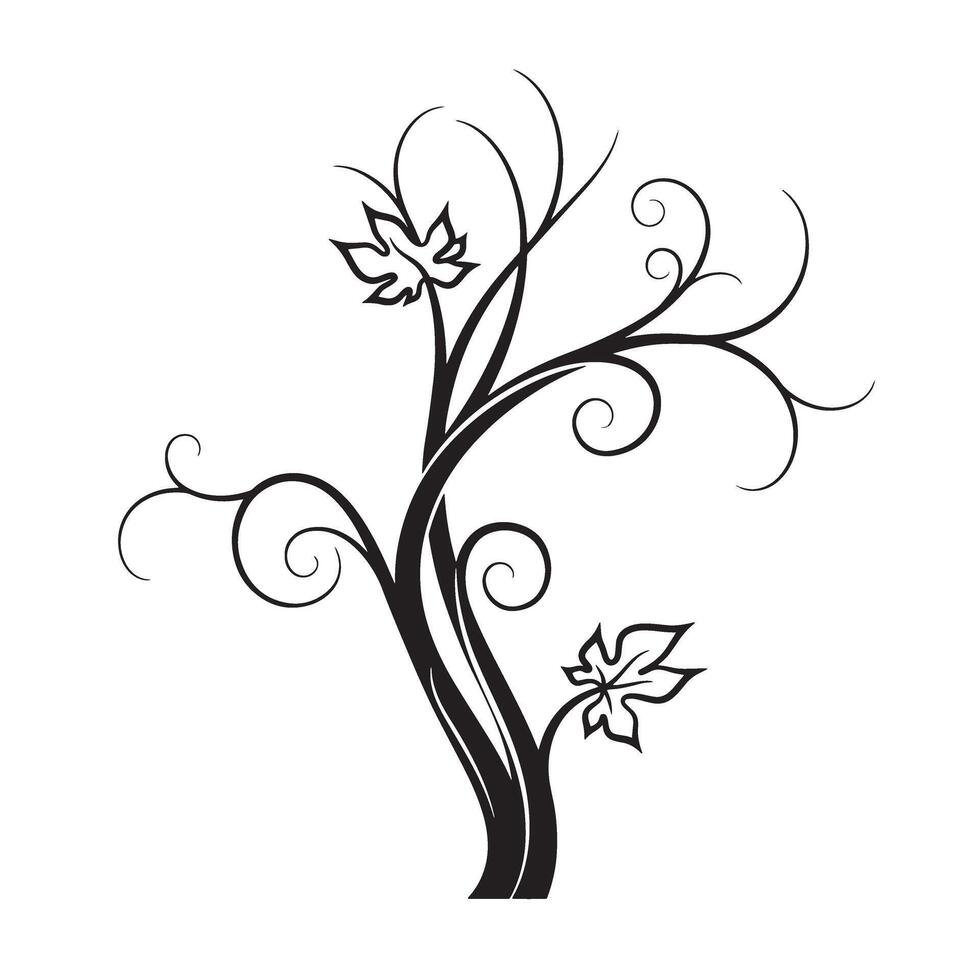 Elegant black silhouette of a tree with swirling branches and decorative leaves vector