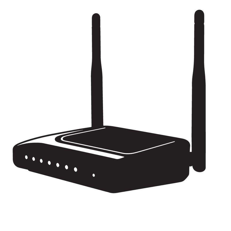 illustration of a black silhouette wireless router with two antennas and leds vector