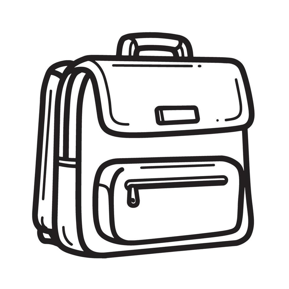 Simple black and white outline illustration of a classic backpack with a front pocket. vector