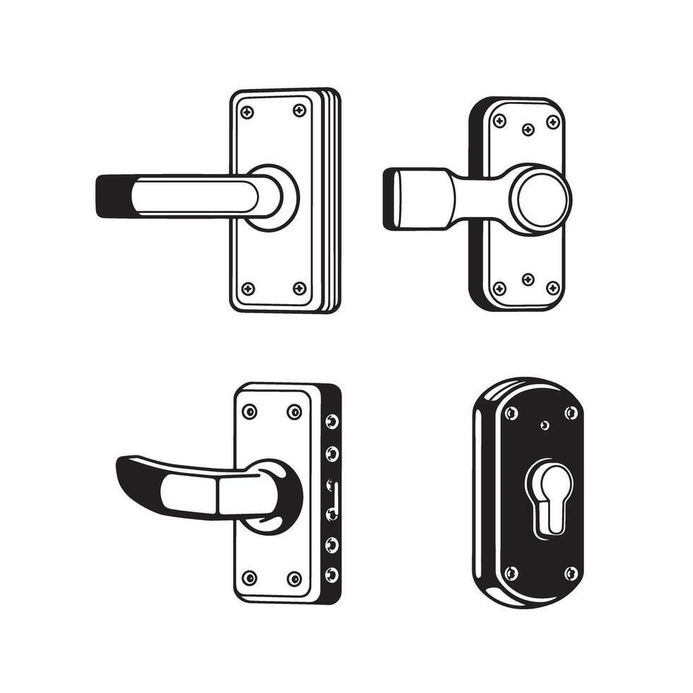 illustration of four stylish door handle designs in a clean monochromatic silhouette on a white background suitable for graphic design projects vector