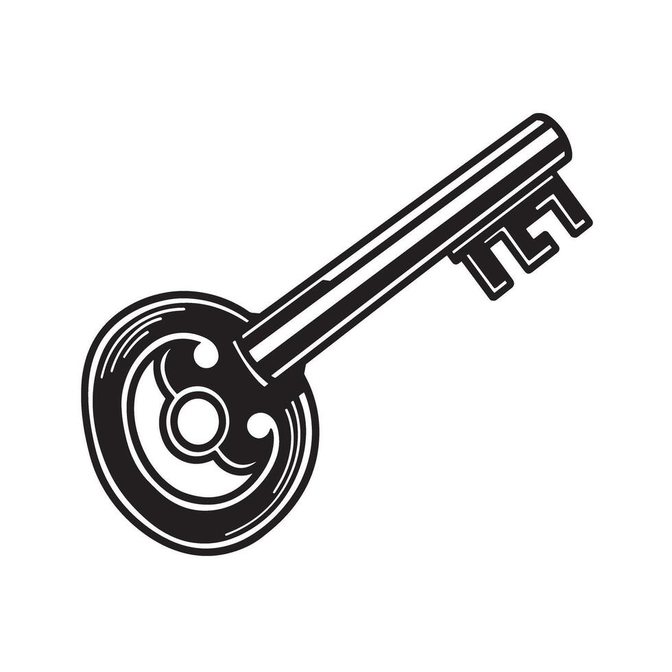 Artistic black and white silhouette illustration of an elegant detailed antique key isolated on a white background vector