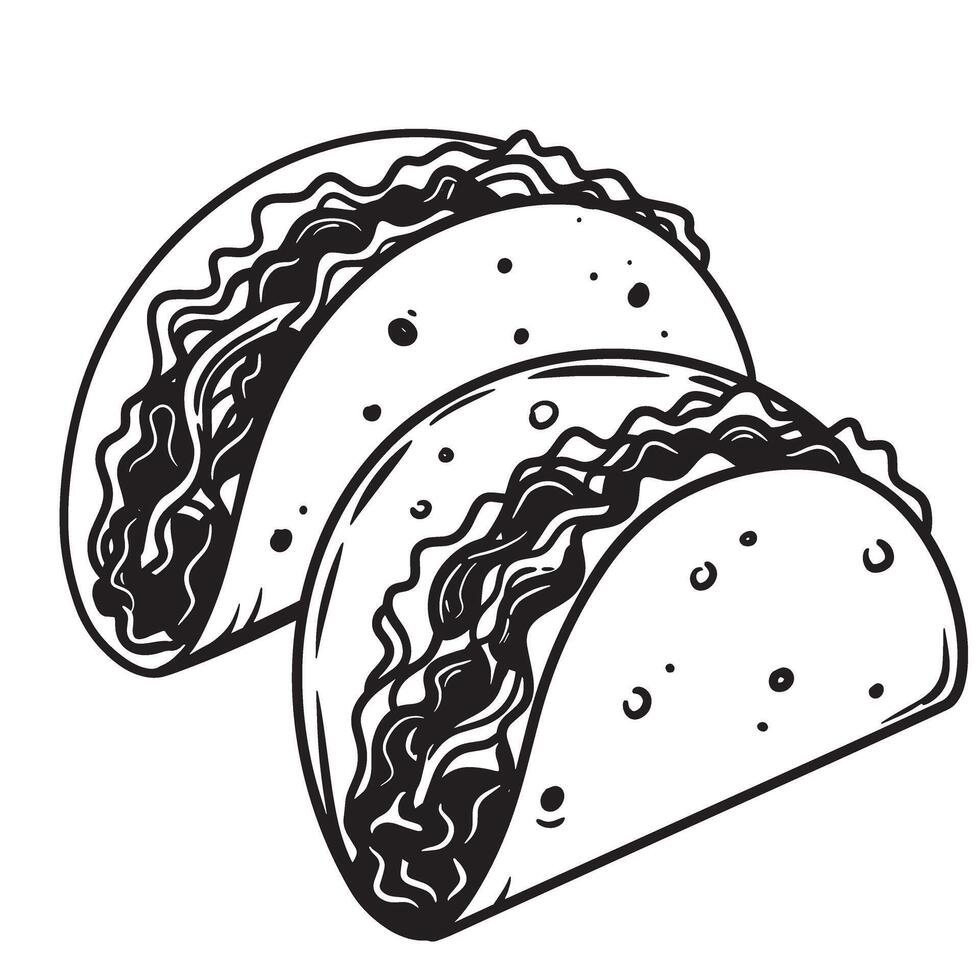 Two delicious and artistic mexican tacos depicted in a simple black and white silhouette perfect for food-related design projects. vector