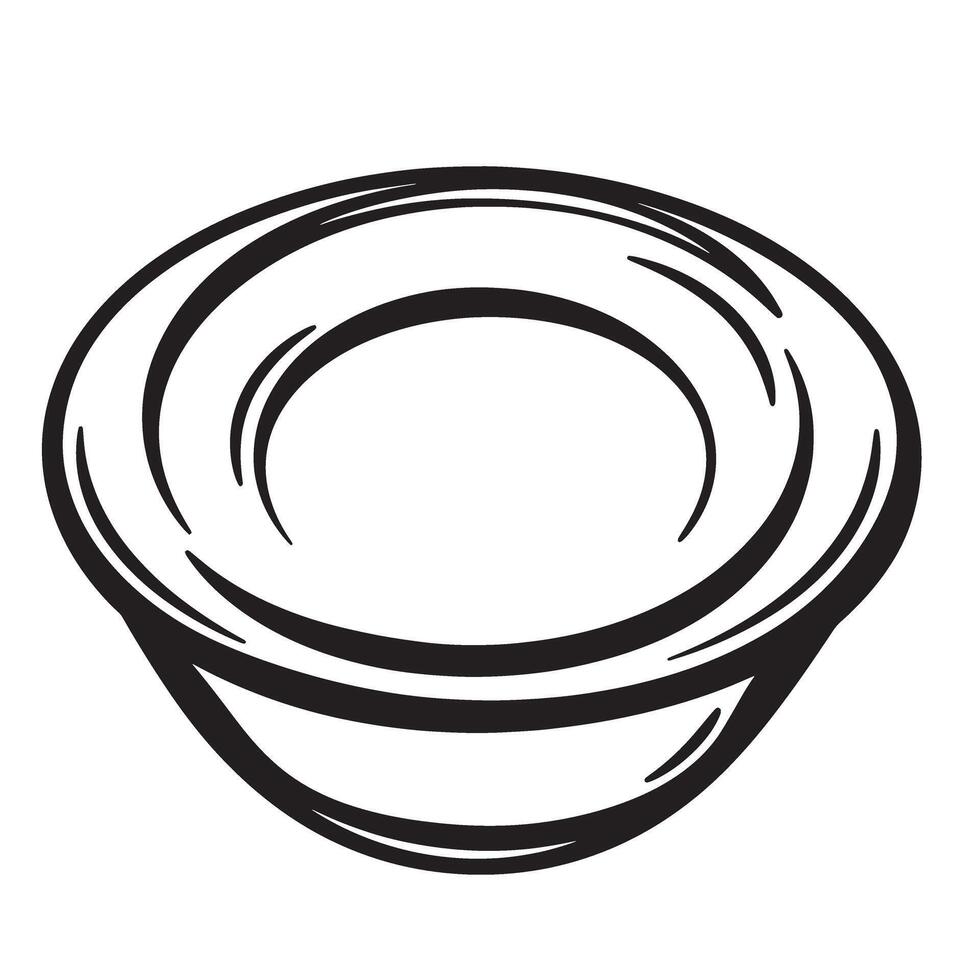 A simple black and white hand drawn silhouette illustration depicting a modern bowl for cooking and food preparation on a white background. vector