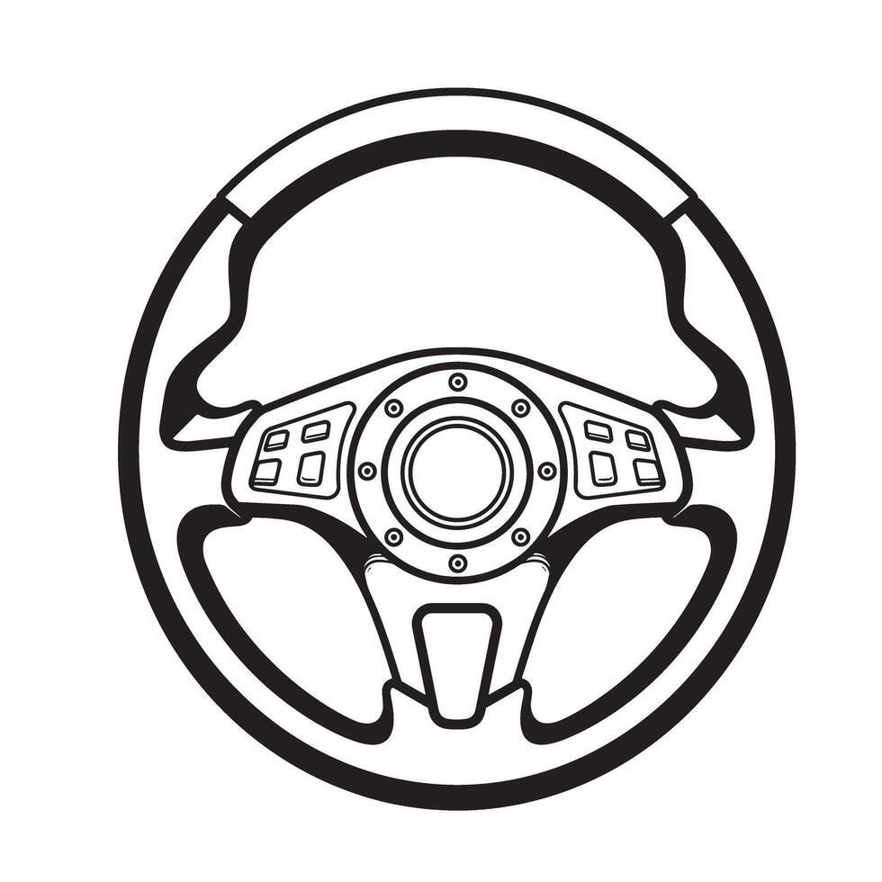 Illustrated black and white silhouette of a modern car steering wheel with buttons and control components for automotive designs vector