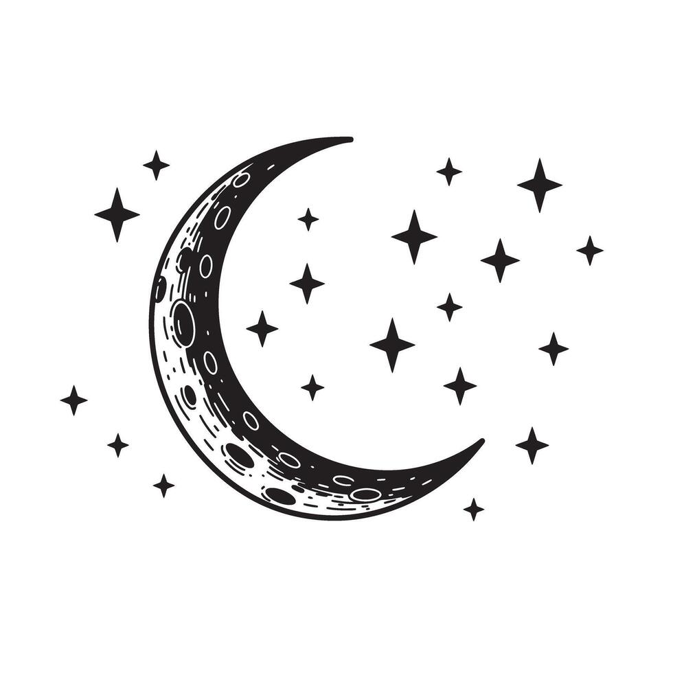 Elegant hand drawn silhouette of crescent moon and stars in a celestial night sky composition perfect for various design projects vector