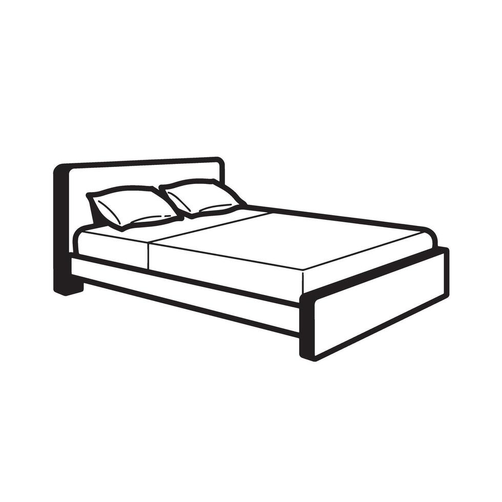 A simple black and white silhouette illustration showcasing a comfortable modern bed with two pillows and a flat mattress ready for rest. vector