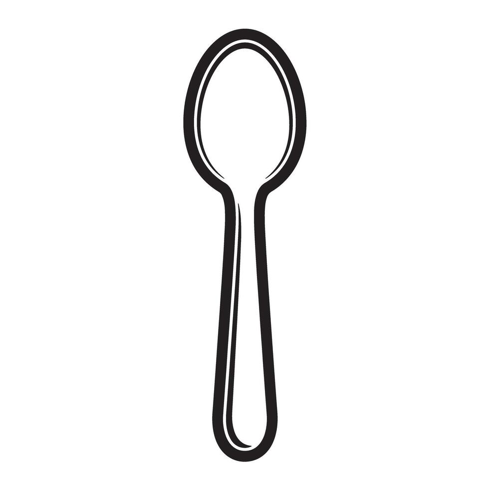 Clean black and white linear silhouette of a spoon isolated on a bright white background perfect for culinary design. vector