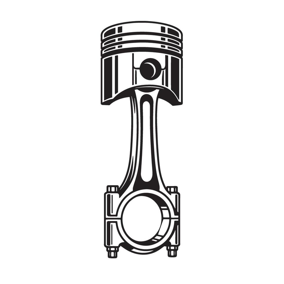 Detailed black and white illustration of an internal combustion engine piston and connecting rod silhouette design. vector