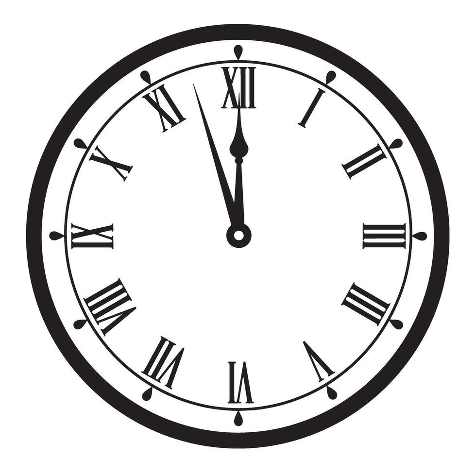 Minimalist black and white silhouette of a clock face design featuring roman numerals and clock hands showing the time vector