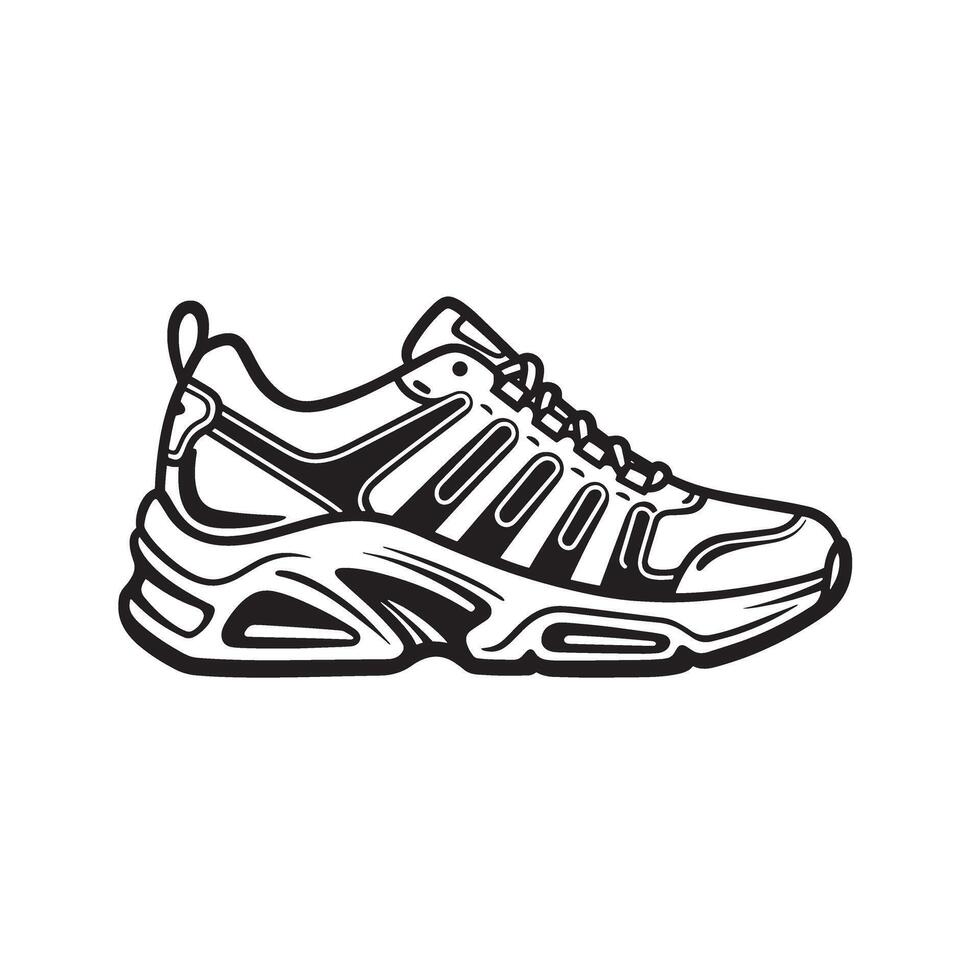 Detailed black and white silhouette of a modern sports shoe perfect for athletic endeavors and promoting a healthy lifestyle vector