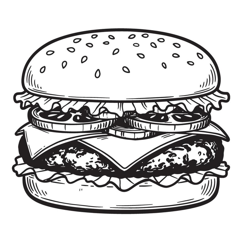 Delicious classic hamburger illustration with bun cheese patty lettuce and tomato layers featuring a silhouette design and traditional food art. vector
