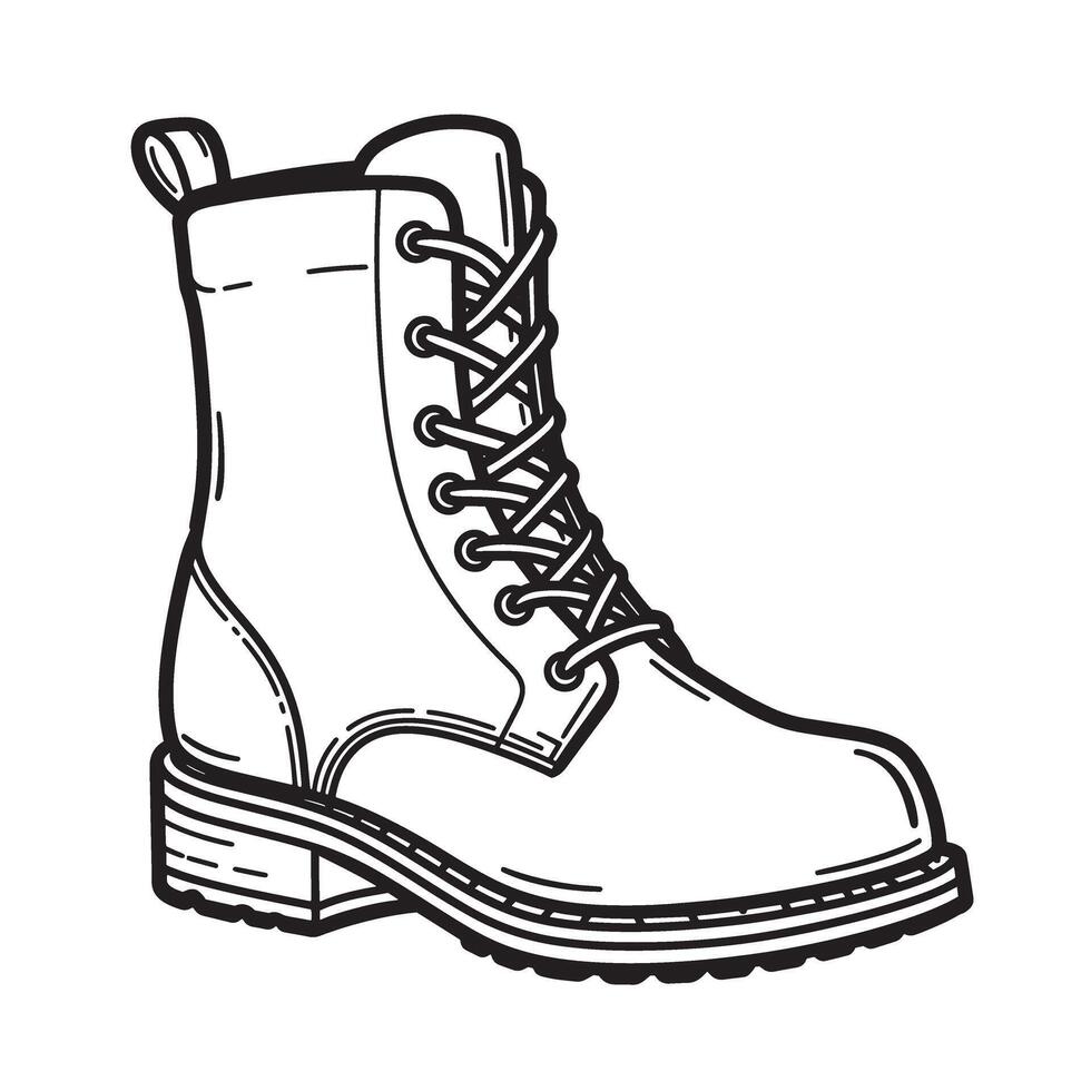 Hand-drawn illustration of a classic combat boot rendered in a simple and stylish black and white silhouette perfect for designs. vector