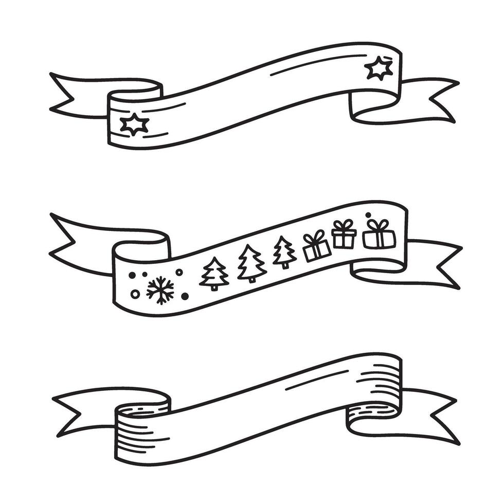 Hand drawn christmas banners with various festive elements and blank ribbon for text silhouettes illustration vector