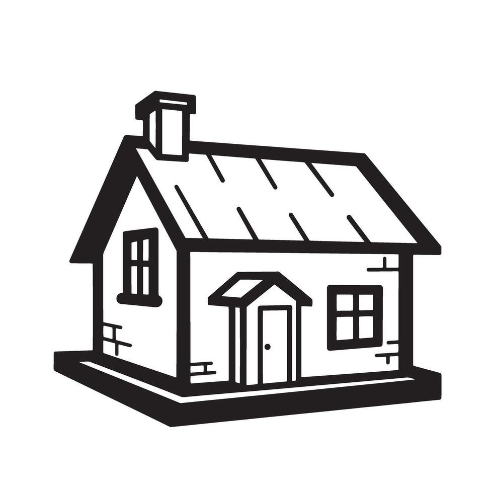Simple black and white silhouette illustration of a traditional house with a chimney and two windows depicting residential architecture vector