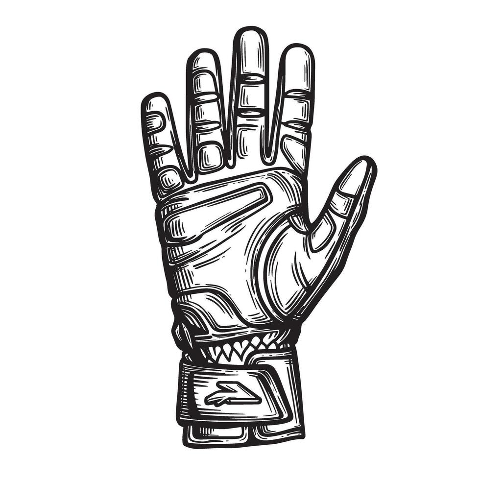 Detailed silhouette illustration of a racing glove representing protection safety and motorsports gear in classic engraved line art vector